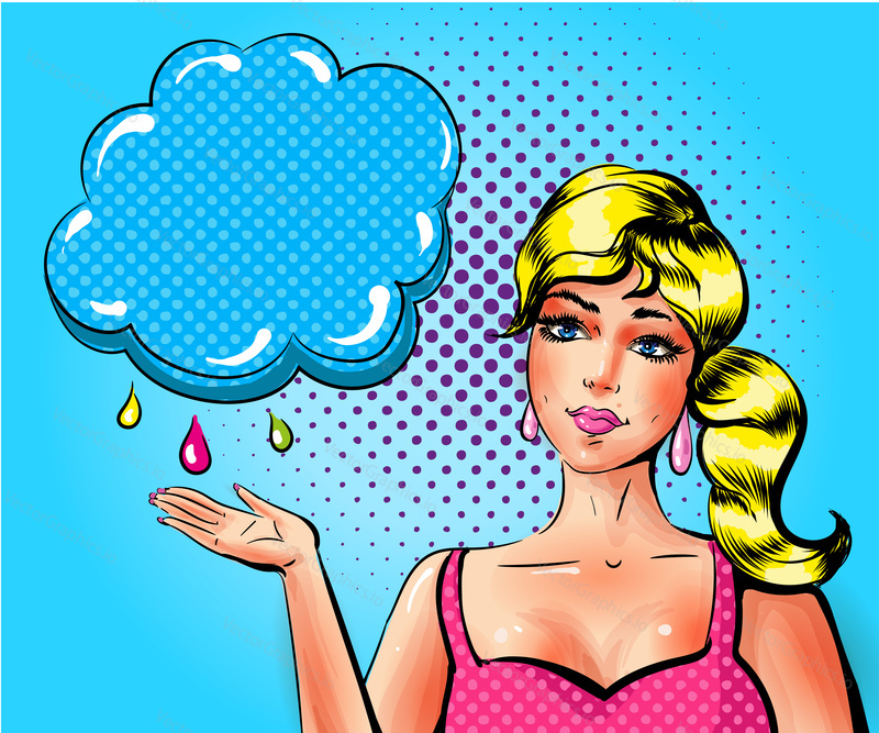 Vector illustration of pretty young girl showing cloud with raindrops. Sad woman with open palm hand gesture in retro pop art comic style.