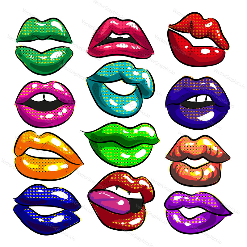Vector pop art sexy colorful female lips. Fashion patches, stickers in retro comic style.