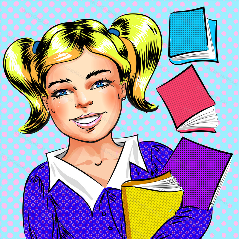 Vector illustration of happy girl holding books in her hands. Schoolgirl portrait in retro pop art comic style.