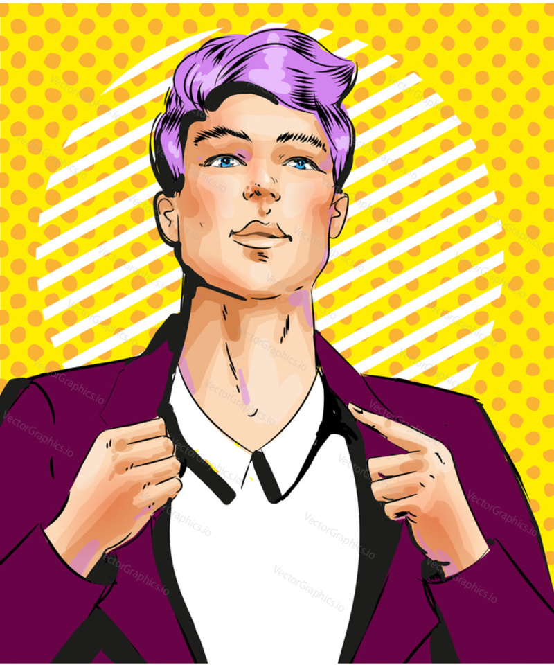 Vector stylish handsome young man portrait in retro pop art comic style.