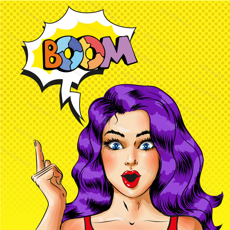 Vector illustration of beautiful woman pointing finger, boom speech bubble. Wonder girl gesturing in retro pop art comic style.