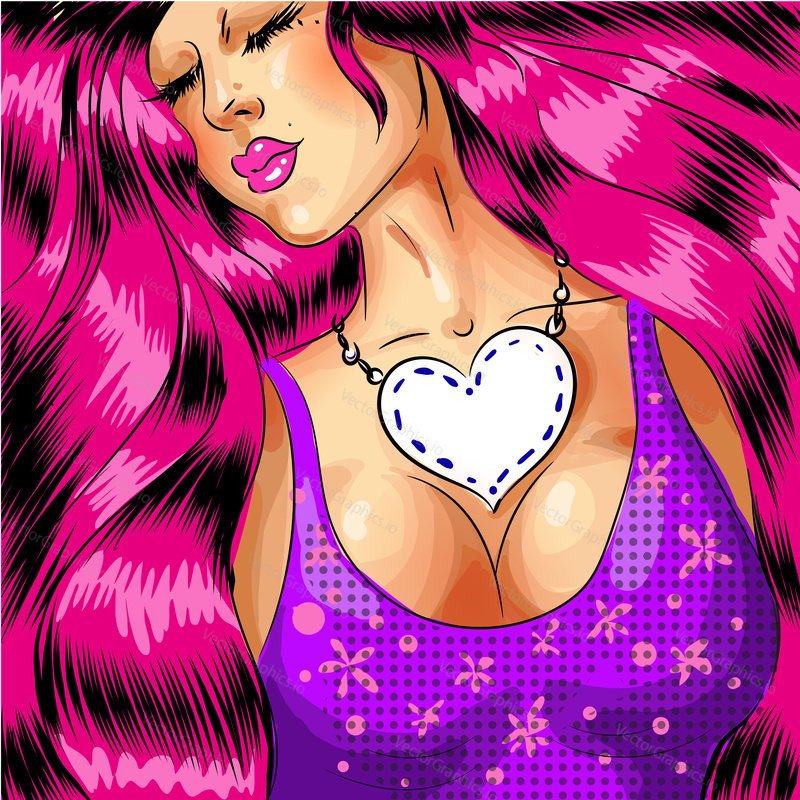 Vector illustration of sexy pin up girl with long waving pink hair. Beautiful glamour woman portrait in retro pop art comic style.