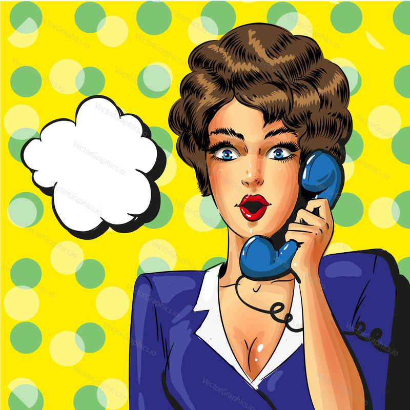 Vector pop art business woman talking on the phone, speech bubble. Vintage comic style illustration.
