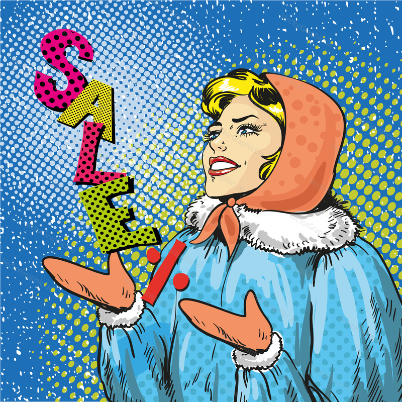 Vector illustration of woman looking at Sale lettering. Winter holidays sale concept design element in retro pop art comic style.