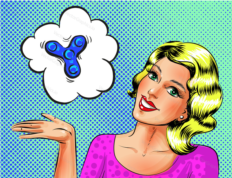 Vector illustration of beautiful young woman with open palm. Girl showing cloud with fidget spinner stress-relieving toy symbol in pop art retro comic book style.