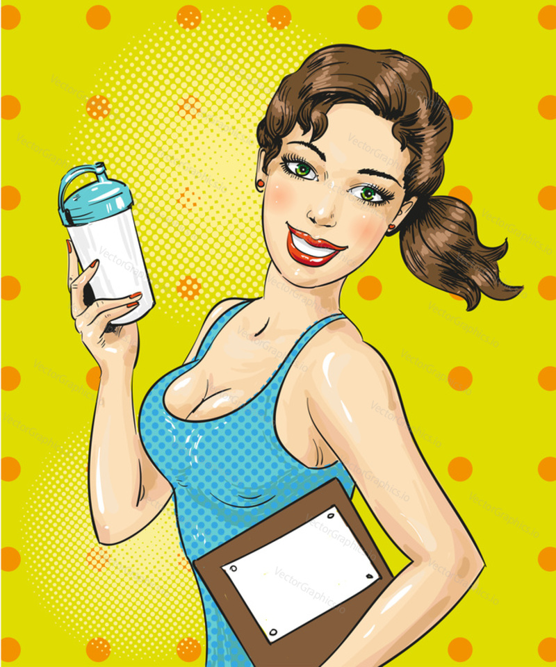 Vector illustration of happy smiling sporty girl or fitness instructor with sports water bottle. Pretty young woman portrait in retro pop art comic style.