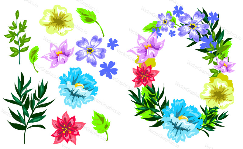 Vector hand drawn sketch style flower set. Flower frame or wreath and flower head, stem, leaf blossoming plant parts isolated on white background.