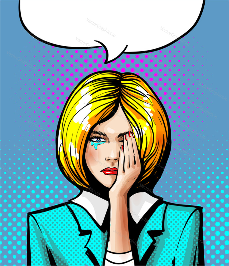 Vector illustration of young beautiful girl with tears in her eyes. The crying woman in retro pop art comic style.
