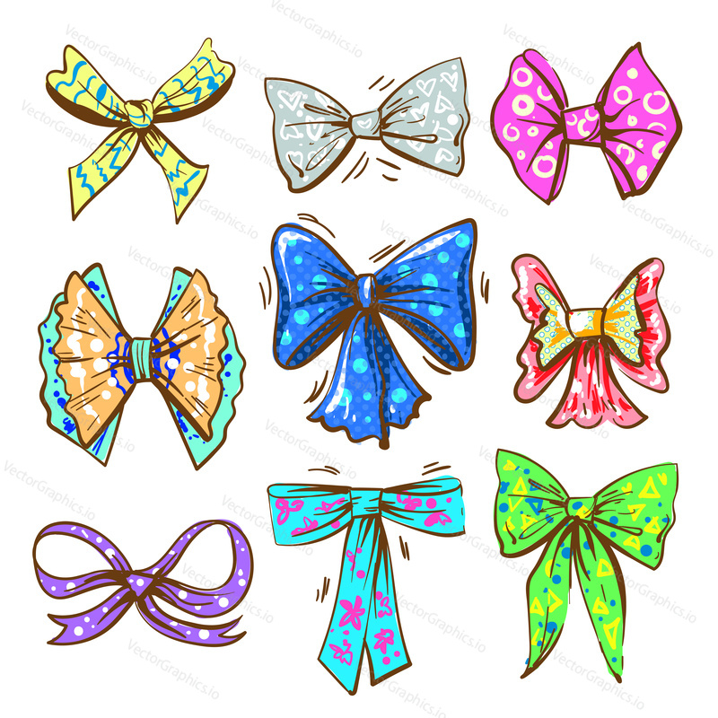 Vector set of vintage bows, ribbons in retro pop art comic style.