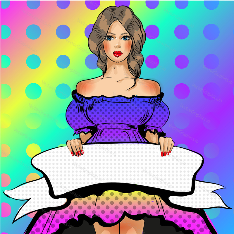 Vector beautiful young woman holding white blank ribbon, banner in retro pop art comic style.