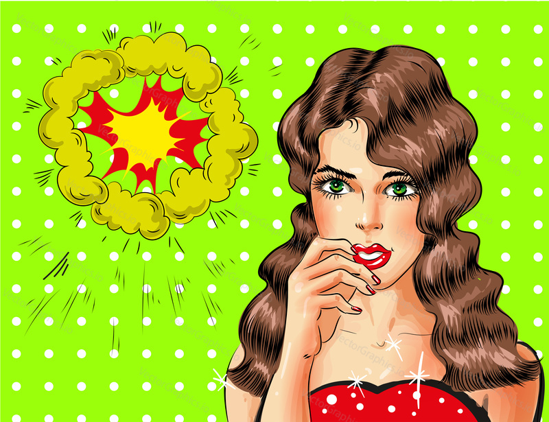 Vector illustration of beautiful sexy brunette woman. Pretty pin-up girl with green eyes in pop art retro comic style.