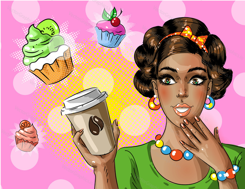 Vector illustration of young african american woman holding coffee to go. Sexy pin-up girl in pop art retro comic style.