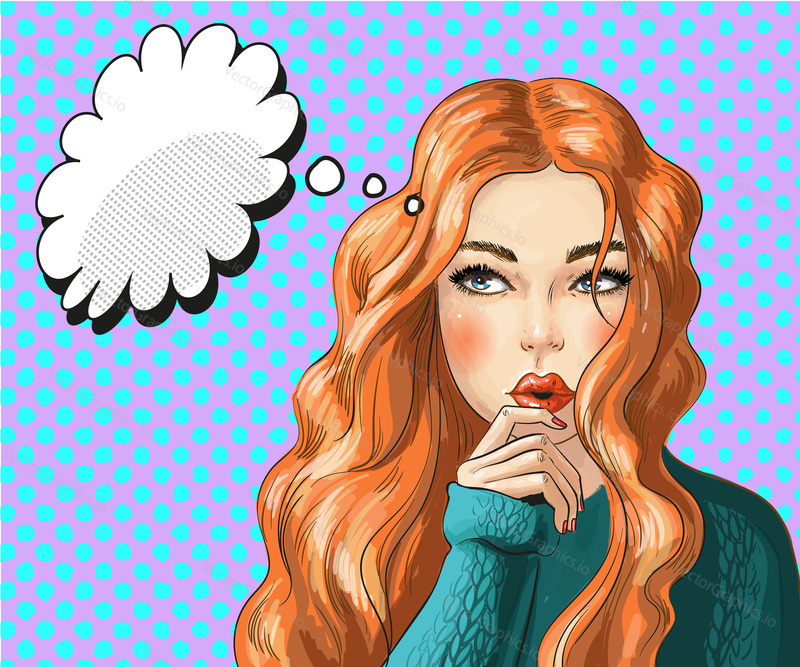 Vector illustration of beautiful girl thinking about something, thought bubble. Pretty redheaded woman portrait in retro pop art comic style.