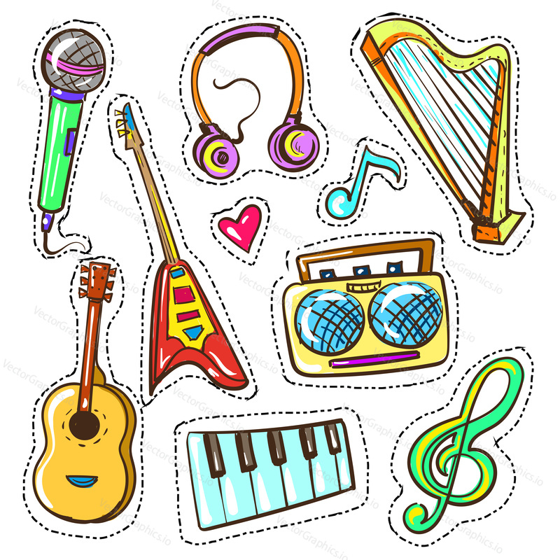 Vector set of hand drawn colorful musical instruments isolated on white background. Sketch style illustration.
