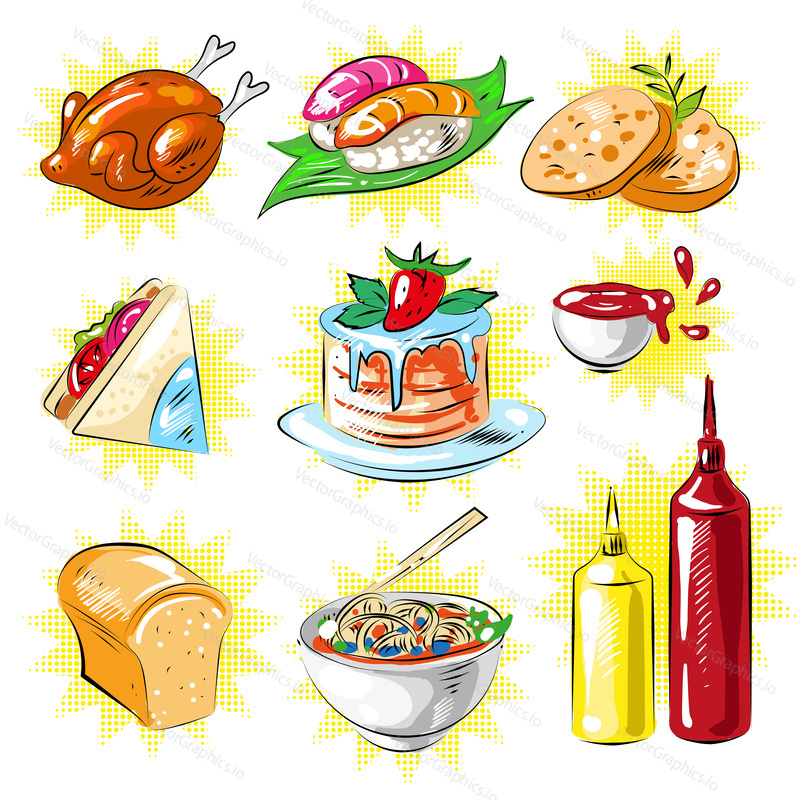 Vector pop art trendy patches set with food. Fried chicken, salad, bread, cake, ketchup, sauce etc. in retro comic style.