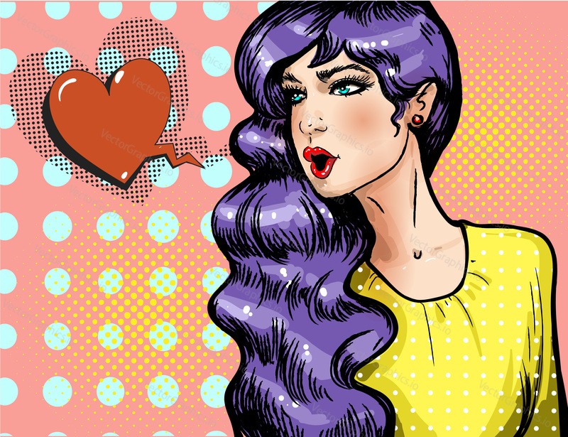 Vector illustration of beautiful pin-up girl with heart shaped speech bubble. Happy young woman falling in love in retro pop art comic style.