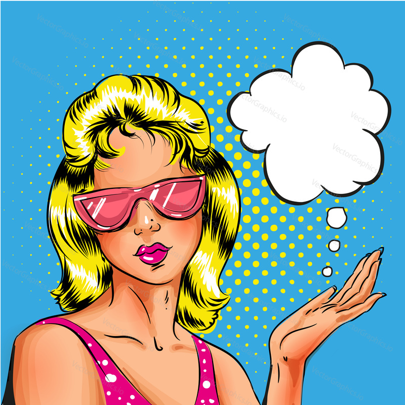 Vector pop art blond young woman in pink sunglasses, speech bubble. Pin-up girl portrait retro comic book illustration.