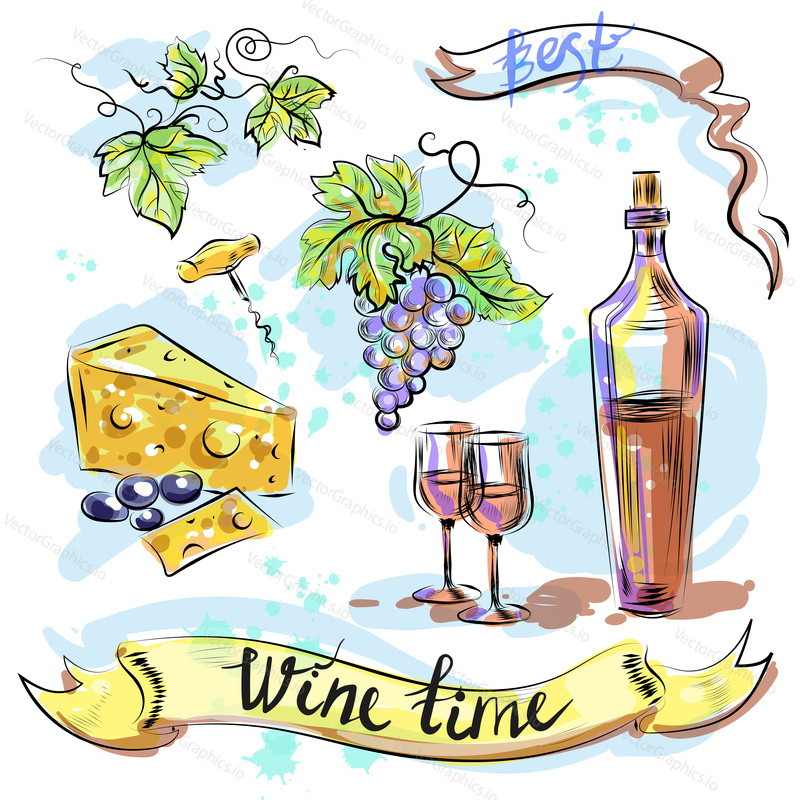Watercolor best wine time concept vector illustration. Bottle of wine, glasses of wine, bunch of grapes, cheese, grape leaves and corkscrew sketch hand drawn elements.