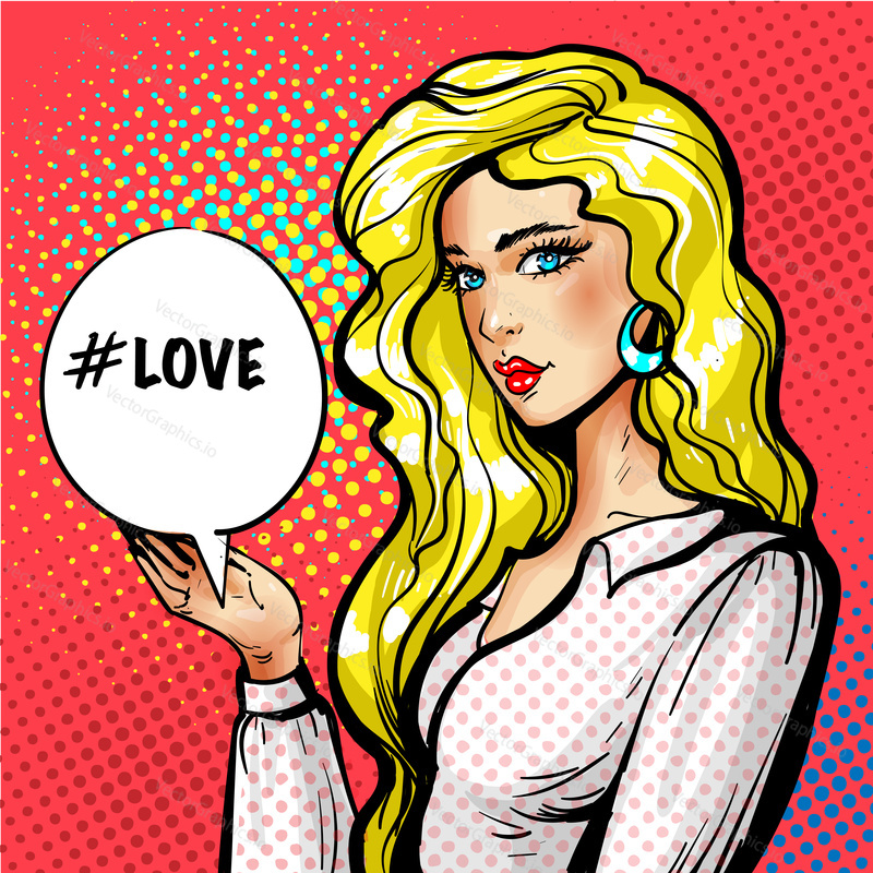 Vector illustration of beautiful young woman with love speech balloon. Sexy pin up girl portrait in retro pop art comic style.