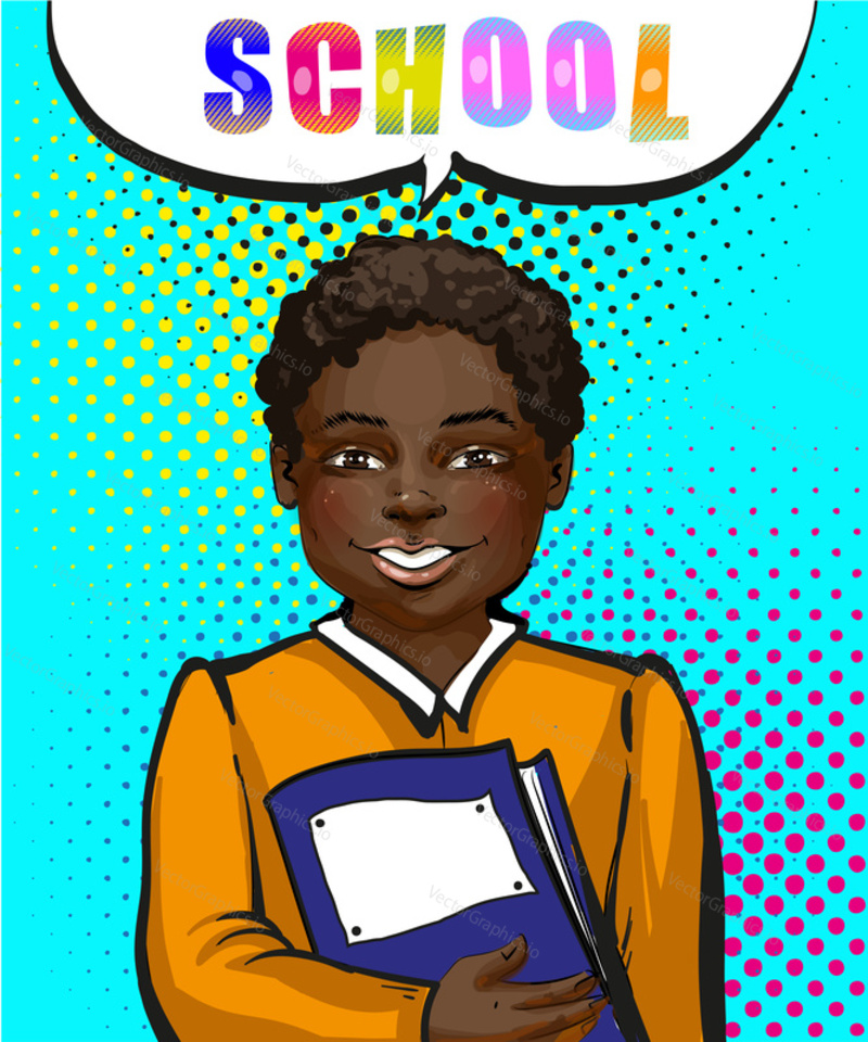 Векторный поп-арт афроамериканский школьник, держащий тетрадь. Иллюстрация в стиле винтажного комикса.