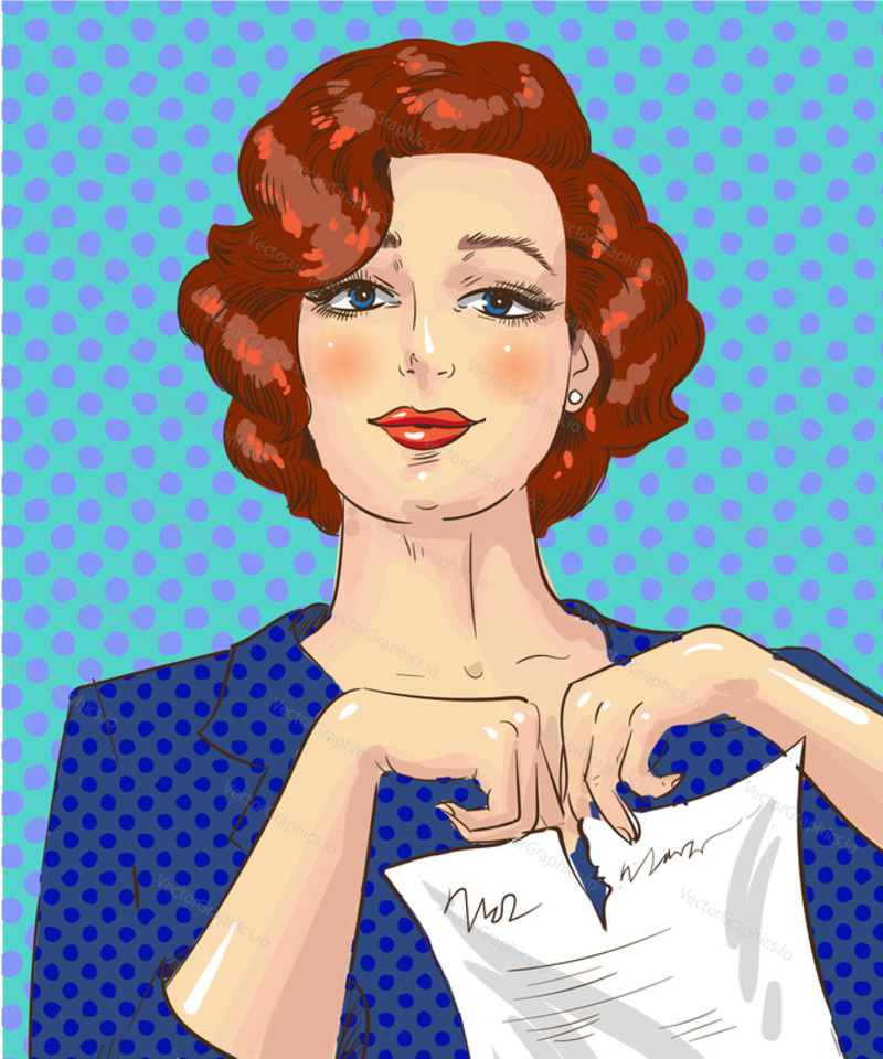 Vector illustration of beautiful woman tearing a piece of paper in retro pop art comic style.