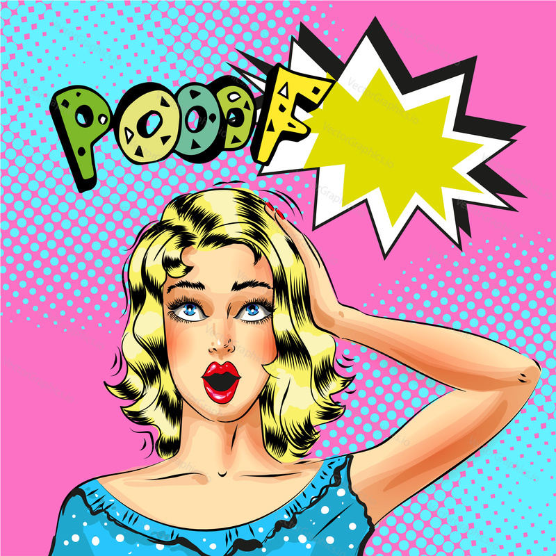 Vector illustration of beautiful blond woman with Pooof speech bubble. Sexy pin-up girl in retro pop art comic style.
