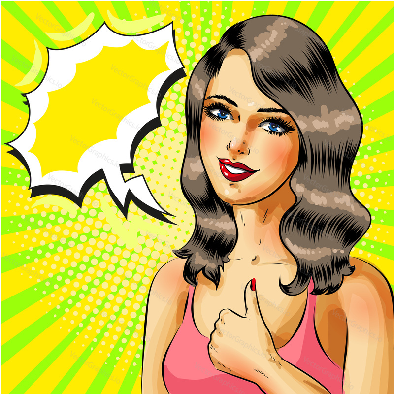 Vector illustration of beautiful woman showing thumb up. Happy young girl in retro pop art comic style.
