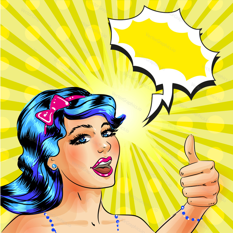 Happy young woman showing thumb up hand gesture, speech bubble. Vector illustration in retro pop art comic style.