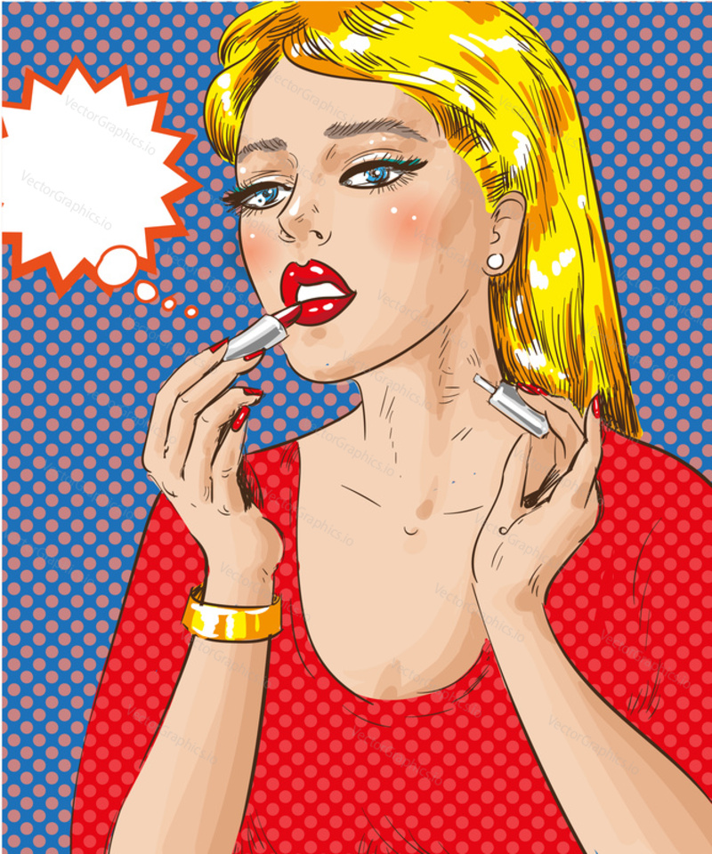 Vector illustration of pretty blond girl painting her lips with red lipstick, thought bubble. Beautiful woman applying make-up in retro pop art comic style.