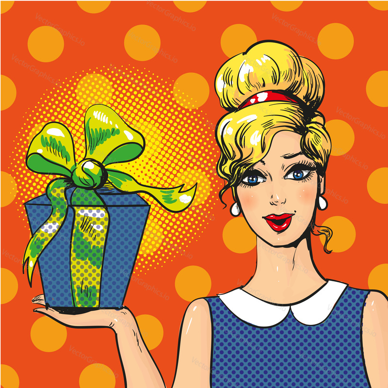 Vector illustration of beautiful blonde girl holding gift box. Pretty woman with present in retro comic pop art style.