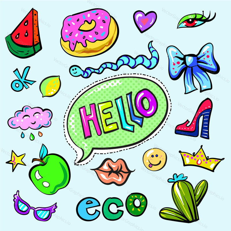 Vector vintage pop art patches and stickers set with donut, apple, slice of watermelon, lemon, cactus, worm, crown, bow, heart, woman eye lips, shoe and hello speech bubble.