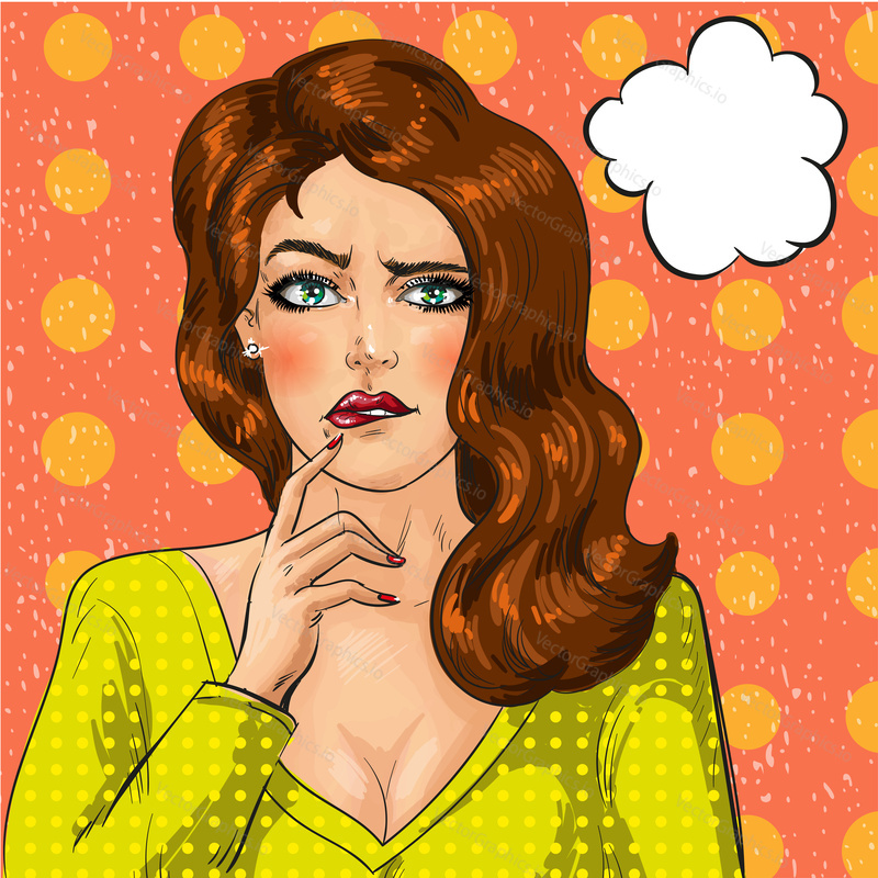 Vector illustration of beautiful lady remembering something, thought bubble. Pretty woman portrait in retro pop art comic style.