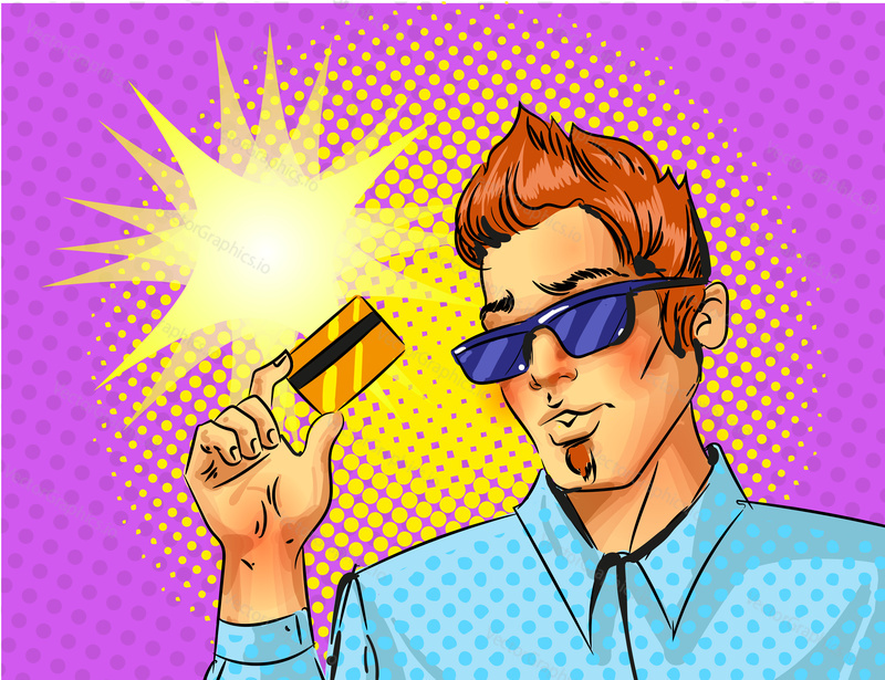 Vector pop art man in sunglasses holding credit card. Comic book vintage illustration.
