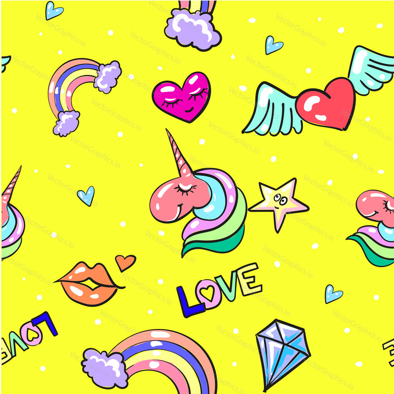 Vector vintage seamless pattern with love badges and patches. Cute heart, lips, unicorn, diamond, rainbow, star fashion decorative symbols.