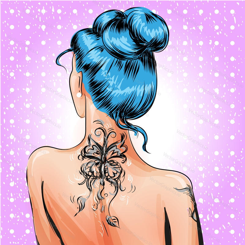 Vector illustration of young woman with tattoo standing back. Pin-up girl in retro pop art comic style.