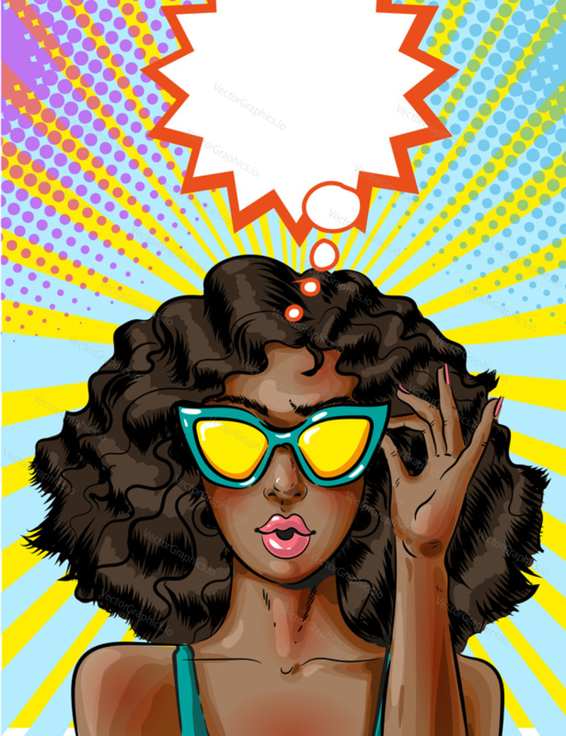 Vector illustration of young african american woman in yellow sunglasses. Sexy pin-up girl in pop art retro comic style.