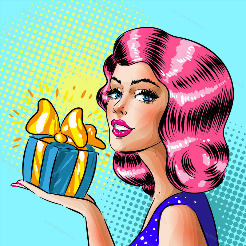 Vector illustration of beautiful girl holding gift box. Woman with present in retro pop art comic style.