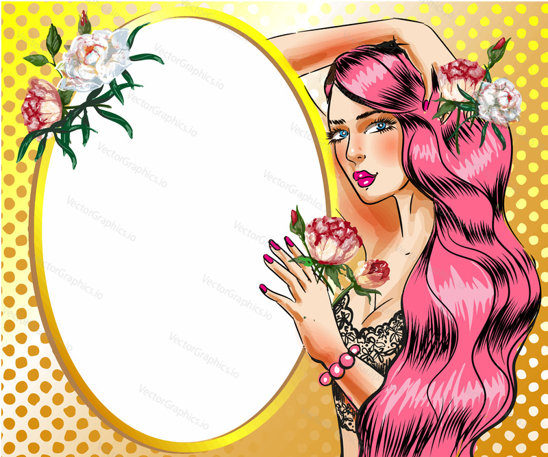 Vector illustration of sexy pin up girl with long waving pink hair standing in front of mirror. Beautiful glamour woman with flowers portrait in retro pop art comic style.