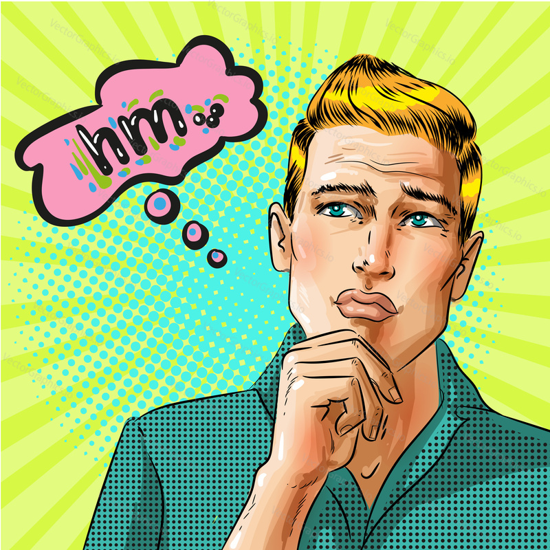 Vector illustration of thinking man with hm speech bubble. Vintage comic style illustration.