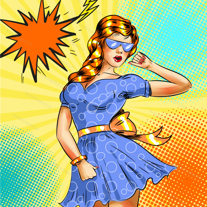 Vector illustration of cute fashion woman in blue short dress and blue sunglasses. Sexy pin-up girl in retro pop art comic style.