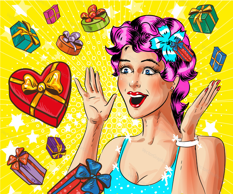 Vector illustration of happy surprised young woman and gift boxes around her in retro pop art comic style.