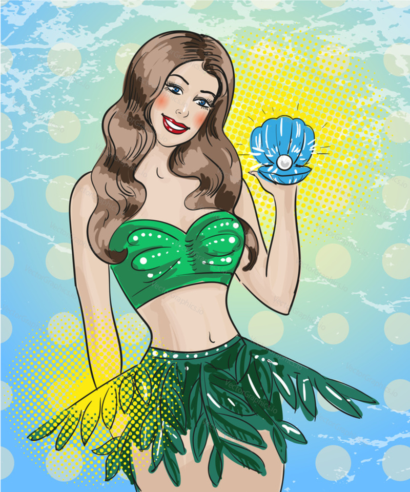 Vector illustration of beautiful young woman holding pearl shell. Smiling summer girl in retro pop art comic style.
