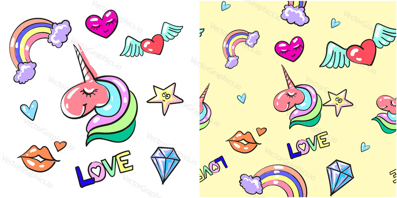 Vector vintage seamless pattern and love decorative badges, patches set. Cute heart, lips, unicorn, diamond, rainbow fashion decorative symbols.