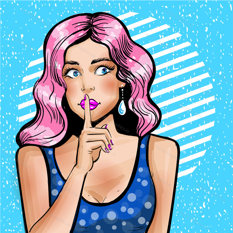 Vector illustration of beautiful young woman with finger on her lips. Pin-up girl showing silence gesture in retro pop art comic style.