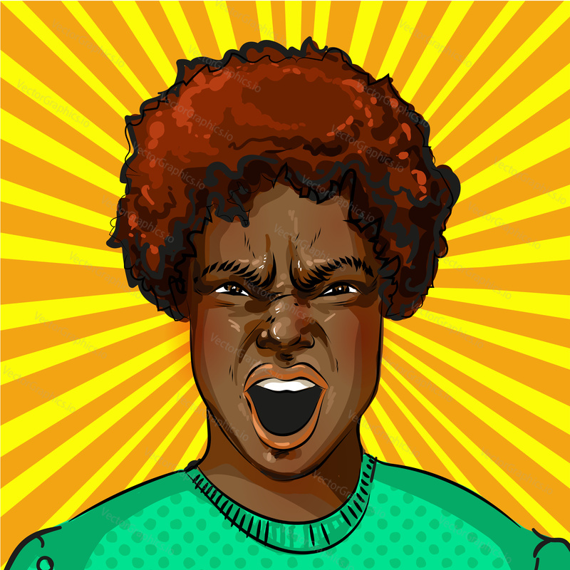 Векторная иллюстрация кричащей агрессивной афроамериканки в стиле комиксов ретро-поп-арта.