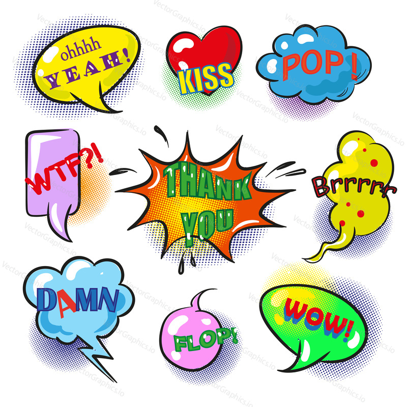 Vector set of vintage pop art speech bubbles with fashion phrases and expressions Yeah, Thank you, Wow, Damn, Flop, Kiss, Pop, etc.