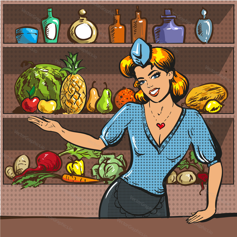 Vector illustration of beautiful woman pointing at fruit and vegetables on shelves in retro pop art comic style.