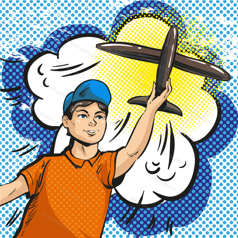 Vector illustration of young boy launching rc plane in retro pop art comic style.