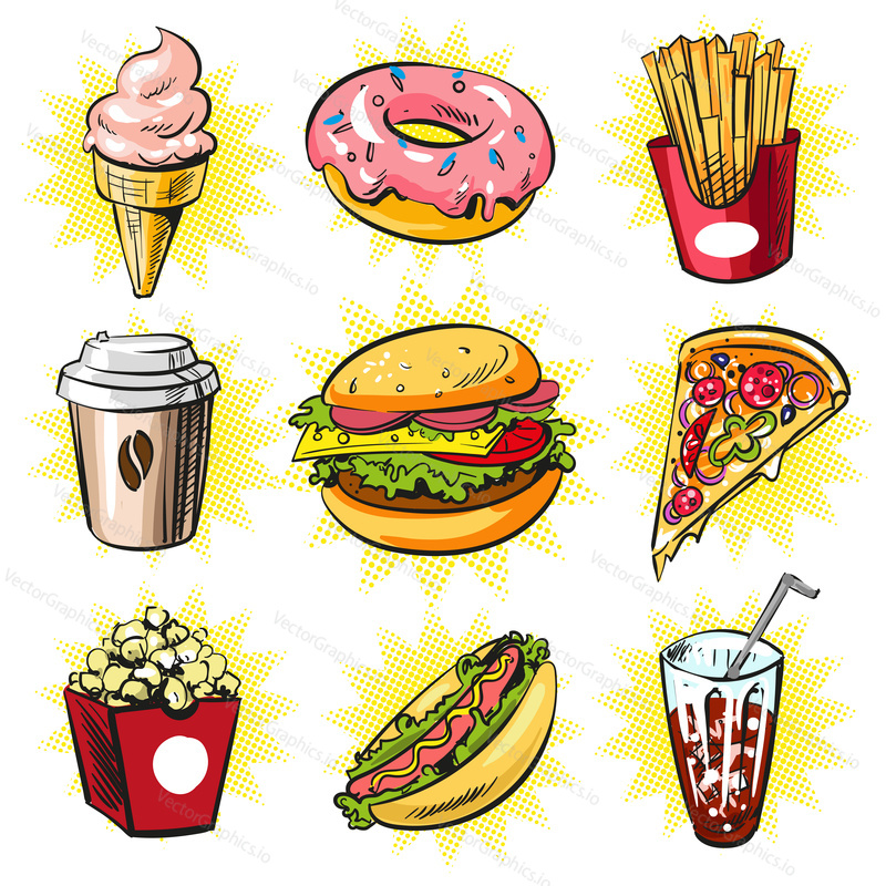 Vector trendy cool set of fast food patches, badges. Ice cream cone, donut, french fries, coffee, burger, pizza, popcorn, hot dog and cola in retro pop art comic style.