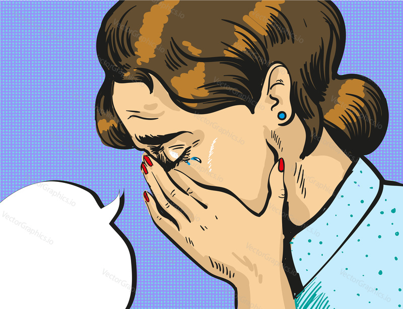 Vector illustration of crying woman in retro pop art comic style.